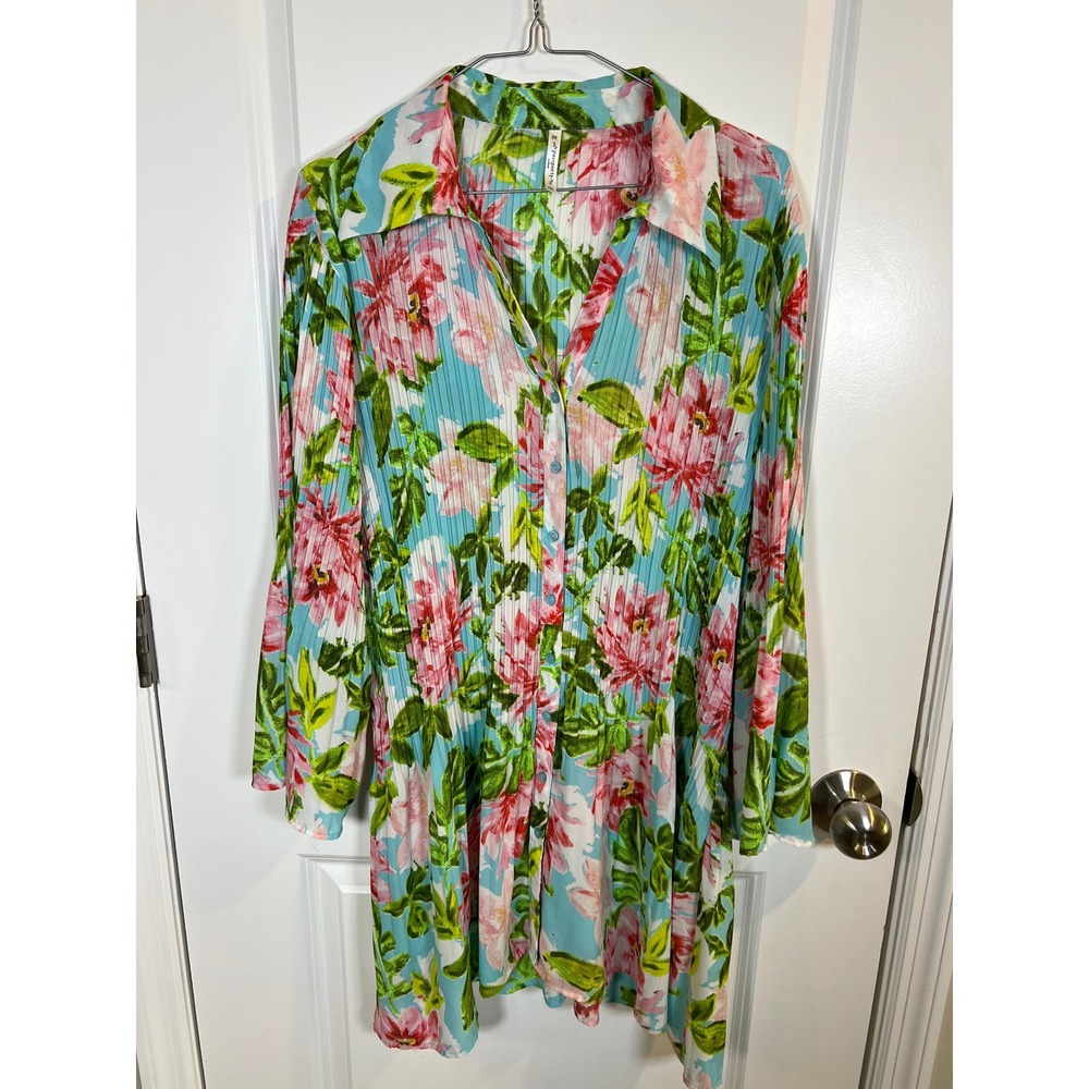 Passports Woman Womens Tunic Pleated Floral Blue Pink 2X